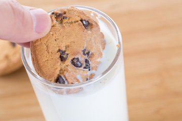 A chocolate cookie being dunked in a glass of milk.
