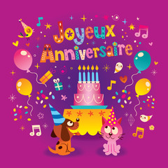 Fototapeta premium Joyeux Anniversaire Happy Birthday in French kids greeting card