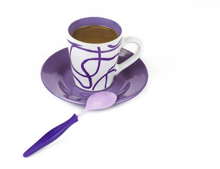 Cup of coffee with the spoon on white background