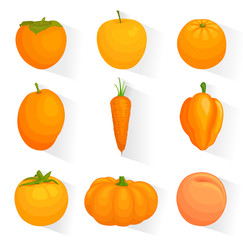 Vector icons of orange vegetables and fruits. A collection of elements for design.