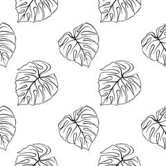 Monstera leaf tropical plant ink line art hand drawn sketch seamless pattern texture background vector