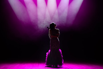Silhouette of singer on stage. Dark background, smoke, spotlights