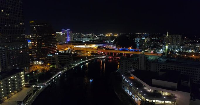 Aerial drone night video Downtown Tampa hillsborough river