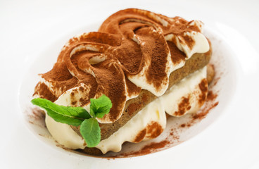 tiramisu cake on white plate