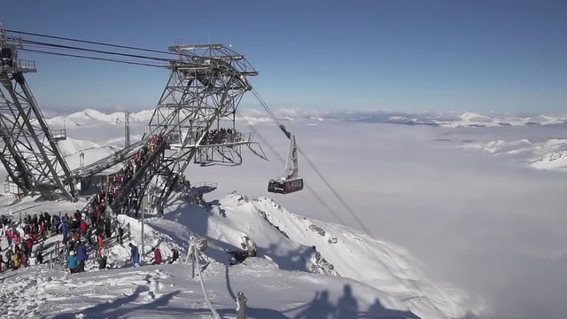 Cime de Caron cable car Winter Alps landscape.