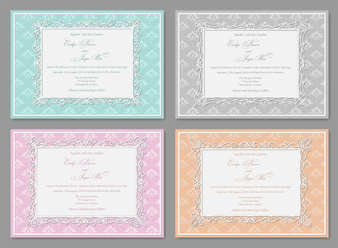 Vector set of beautiful wedding invitations, postcards, greeting cards, photo frames, certificates in pastel colors. Lovely backgrounds with a frame and curls.