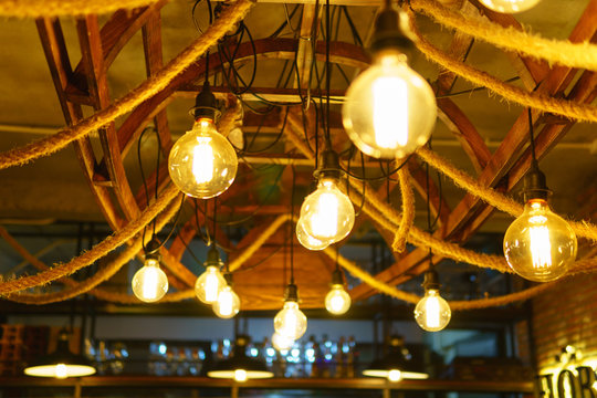 edison light bulbs style hanging on the ceiling for decorated in antique style. idea   and creativity concept.