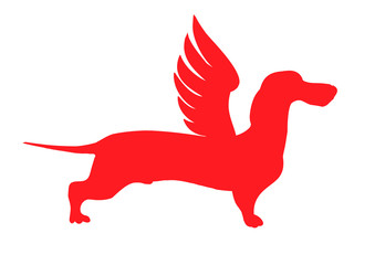 Vector stock illustration of cartoon character dog talisman, phylactery hound, mascot pooch, dachshund sticker German badger-dog angel.