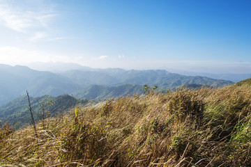 Grass hay on the Mountain and Sky in the Bright blue . Kanchanaburi province. Thailand
