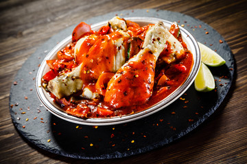 Boiled chicken drumsticks with tomato sauce