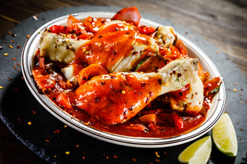 Boiled chicken drumsticks with tomato sauce