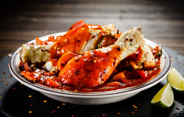Boiled chicken drumsticks with tomato sauce