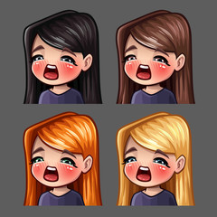 Emotion icons gasm female with long hairs for social networks and stickers