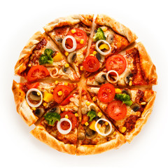 Pizza with corn and broccoli on white background