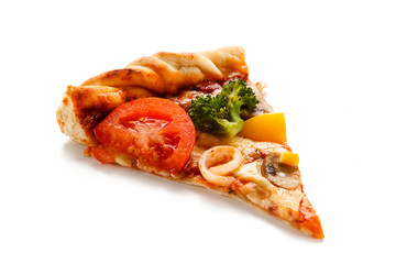 Pizza with corn and broccoli on white background