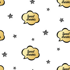 Baby sleep illustration with the stars and speech bubbles. Cute Children vector pattern, gold clouds. Kids seamless pattern. Sweet dreams. Pattern for card, invitation, wrapping paper, textile fabric