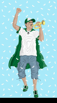 “Saudi Arabia Soccer Fan with Bugle” Arab supporter, confetti papers and background are in different layers.