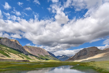 mountains lake clouds reflection summer