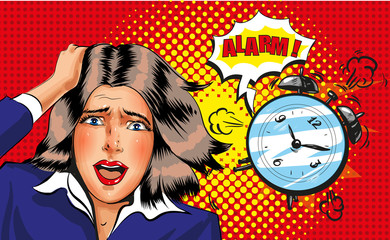 Vector pop art panic girl with alarm clock