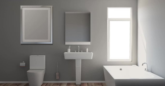 4k. Modern Bathroom Interior Design. 3D rendering.  Empty paintings
