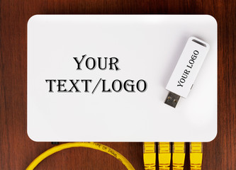 Naklejka premium Top view on the wifi home router with 4 UTP RJ-45 patch cords and USB wifi device. There are places for you logos and text.