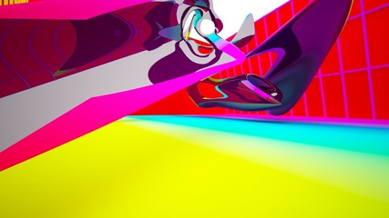 Abstract dynamic interior with black and colored gradient smooth objects. 3D illustration and rendering