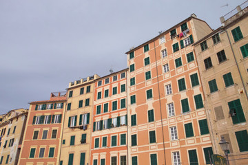 Scenic Mediterranean riviera coast. Panoramic view of Camogli town in Liguria