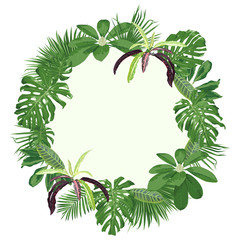 Round frame with tropical leaves. 