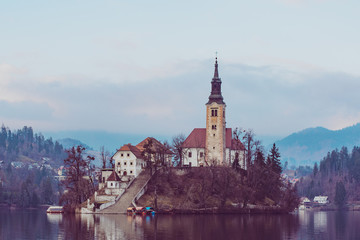 Fototapeta na wymiar Lake Bled with St. Marys Church