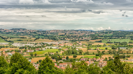 Fototapeta na wymiar Marches countryside landscape in Italy. View from the terrace of the Sanctuary of the Holy House of Loreto town