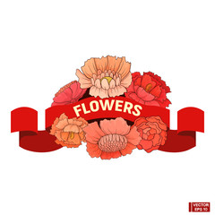 Bouquet flowers and ribbon.