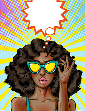 Vector pop art african american woman in yellow sunglasses