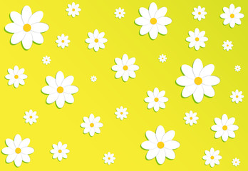 
Vector illustration. Daisies (flowers) on a yellow background. Spring background. 