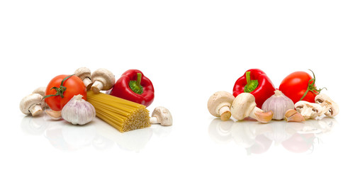 mushrooms, vegetables and pasta on a white background