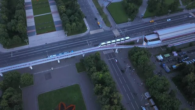 monorail tram follows its route through the city