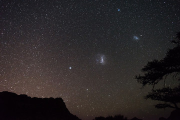 Magellanic Clouds astro starry sky, Namibian night, Africa. Acacia trees in the foreground. Adventure into the wild.