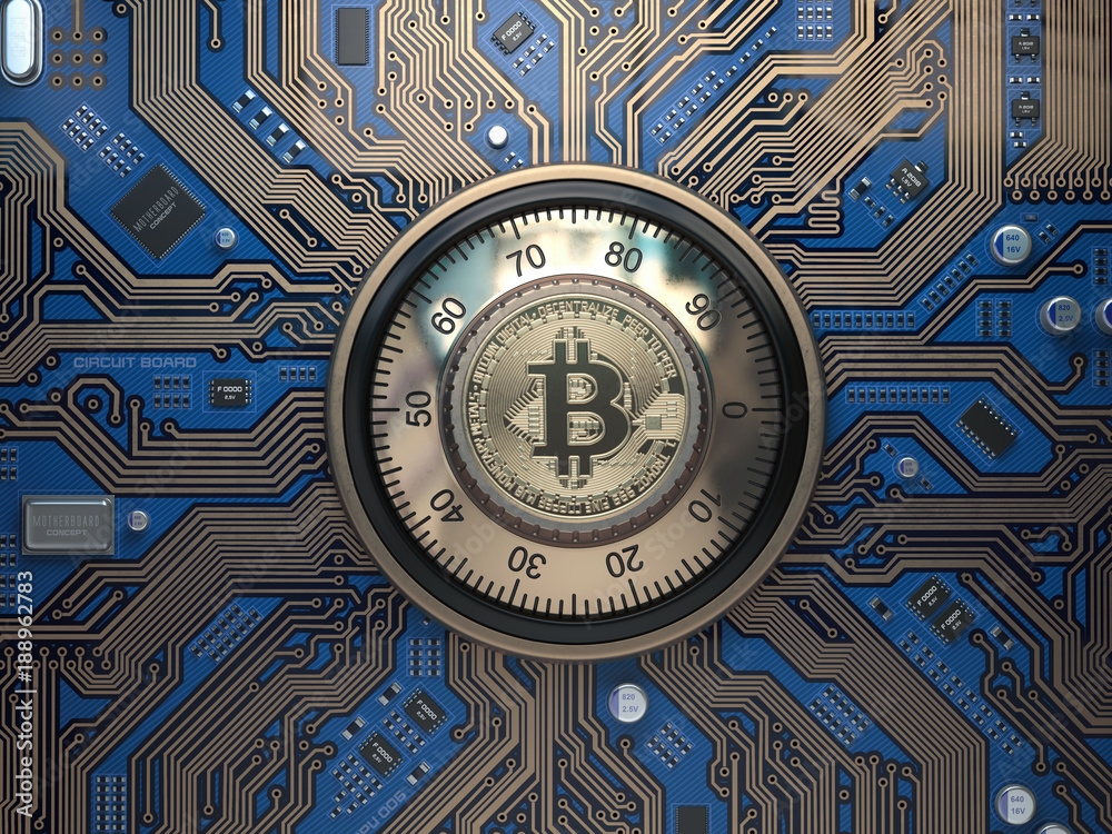 Poster Bitcoin cryptocurrency security  and mining concept. Safe lock with symbol of bitcoin on circuit board.