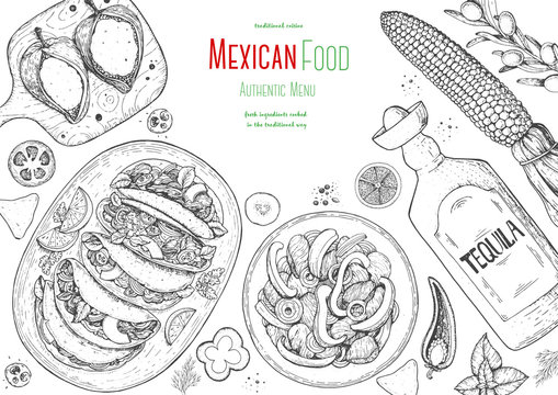 Mexican food top view frame. A set of classic mexican dishes with tacos, fajita, poblano. Food menu design template. Vintage hand drawn sketch vector illustration. Mexican cuisine engraved image.