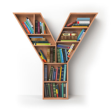 Letter Y. Alphabet in the form of shelves with books isolated on white.