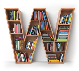 Letter W. Alphabet in the form of shelves with books isolated on white.