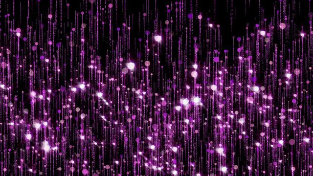 Violet and purple glitter particles slow up. Glowing sparkles background. 