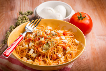 spaghetti with buffalo mozzarella tomato and oregano, selective focus