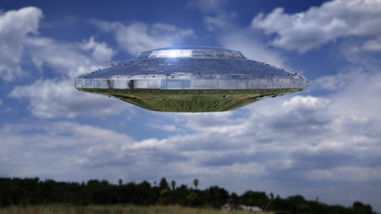 Fototapeta na wymiar UFO, science fiction scene with alien spaceship, extraterrestrial visitors in flying saucer