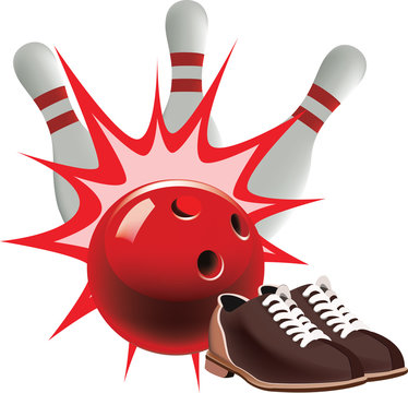 bowling con scarpe e birilli e palla