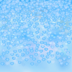 Light blue 3d background with hearts in clouds sky. Valentine’s day greeting card backdrop. Romantic vector illustration. Easy to edit design.