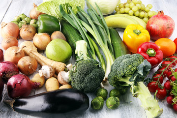 Composition with variety of raw organic vegetables and fruits. Balanced diet