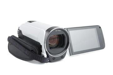 compact video camera with a swivel screen on a white background