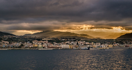 Beautiful light in early morning on Villa San Giovanni (strait of Messina). Calabria Italy.