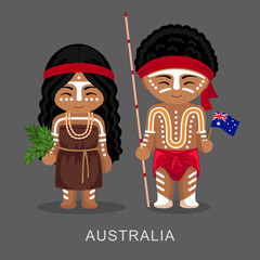 Australians in national dress with a flag. Man and woman in traditional costume. Travel to Australia. People. Vector flat illustration.