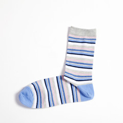 blue striped socks on white background
